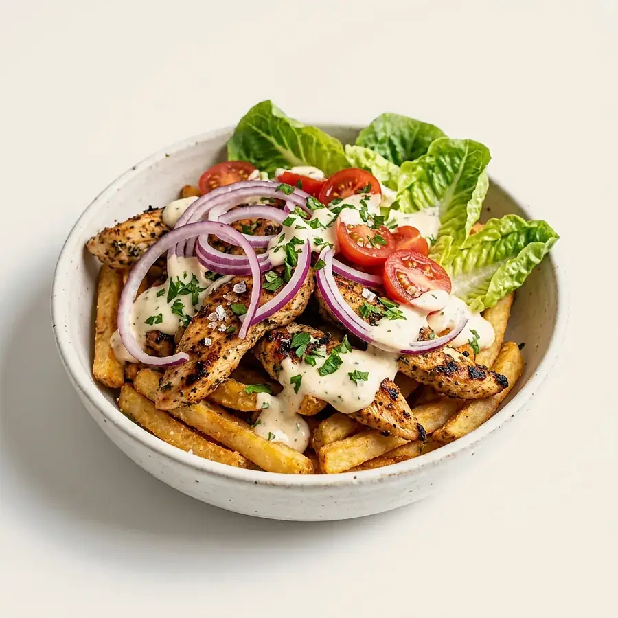 Favo Greek Chicken: friet met kipgyros, looksaus, tomaat en rode ui