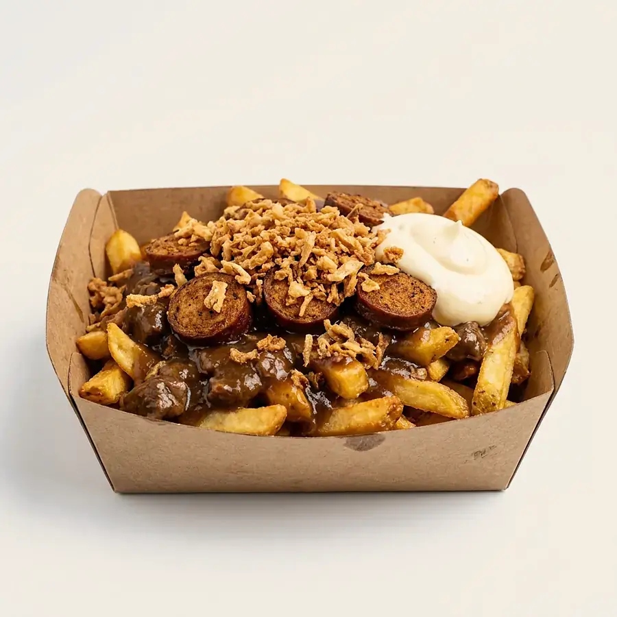Julienke: friet met stoofvleessaus, satékruiden, gebakken ui en een viandel