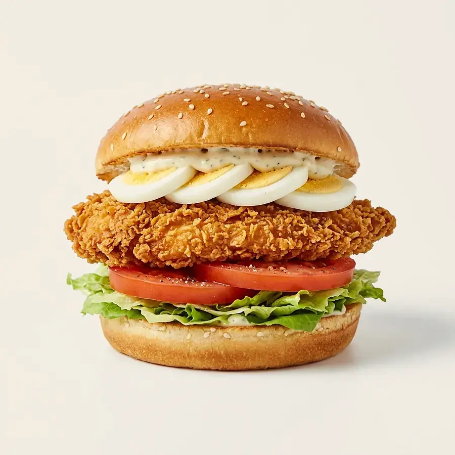 Kipburger: krokante kip met sla, tomaat, ei en saus