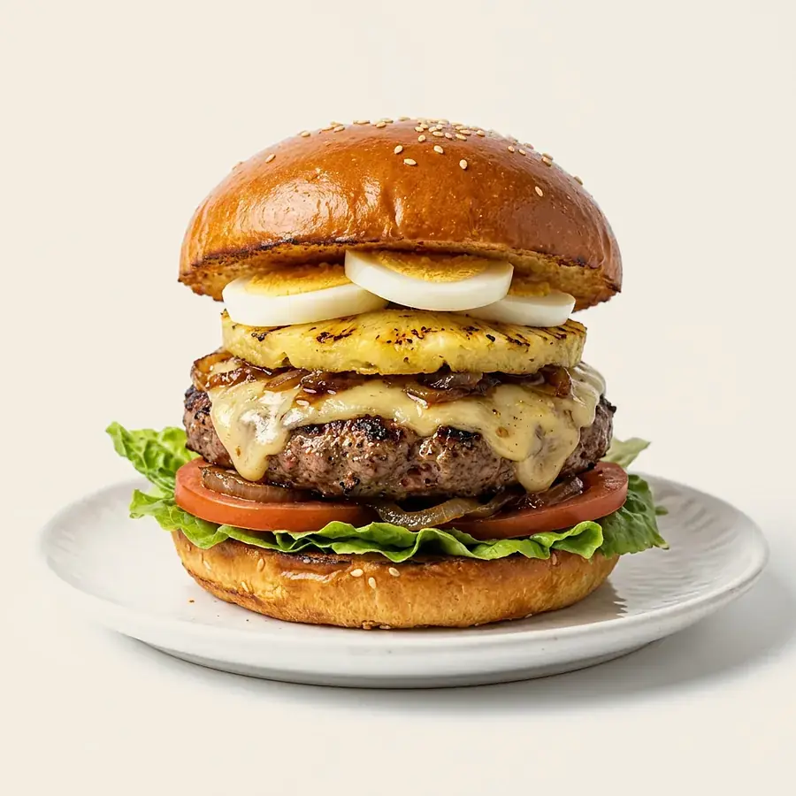 Zwitser: burger met ananas, ei, smeltkaas en gebakken ajuin
